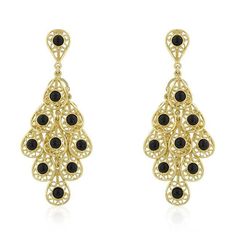 The Onyx Filigree Chandelier Earrings are dangling works of art. These fashion items are 18k plated with shiny onyx in gold tone. Our gold tone finish is heavily coated to achieve its beautiful golden color. Halo 2, Gold Chandelier Earrings, Earrings Golden, Cubic Zirconia Jewelry, Gold Chandelier, Couture Jewelry, Black Chandelier, White Jewelry, Fantasy Jewelry