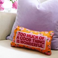 a pillow that says, too much of a good thing is wonderful on the couch