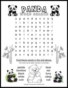 the panda word search is shown in black and white with an image of two pandas