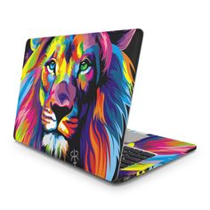 an open laptop computer with a colorful lion on it