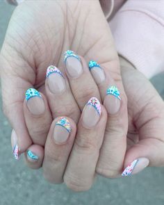 Beach Vacation Nail Ideas, Mexico Nail Ideas, Nails Blue And Pink, Pink Blue Nails, Summer Nail Design Ideas, Teen Nails, Hippie Nails, Simple Gel Nails, Summery Nails