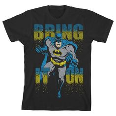 Villains are no match for the Caped Crusader! Show off your superhero spirit with this awesome t-shirt. Size: large. Color: black. Gender: male. Age Group: kids. Pattern: Fictitious Character. Material: Cotton. Batman Dress, Superhero Background, Batman Outfits, Caped Crusader, Batman Shirt, Kids Pattern, Lego Batman, Black Boys, Bring It