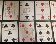 playing cards with handwritten instructions for each card in order to learn how to play the game