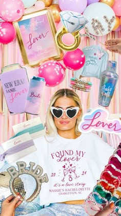 a collage of various items including sunglasses, hair clips, and other things in front of a pink background