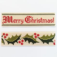 "A cross stitch bookmark with \"Merry Christmas\" and holly on cream background. With bonus French and Spanish patterns. Perfect to spread Christmas cheer. The pattern is based on traditional English embroidery. The border is 1.6 inches (4 cm) wide. There are 6 colors. The PDF includes: - patterns in color and black&white, with their mirrored versions, - photo of finished cross stitch, - DMC color chart with stitch count." Cross Stitch Christmas Lights Border, Merry Christmas Cross Stitch, Dmc Color Chart, Spanish Pattern, English Embroidery, Cross Stitch Bookmark, Stitch Bookmark, Cross Stitch Bookmarks, Border Pattern