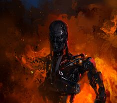 a robot standing in front of a fire filled background