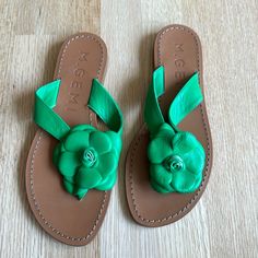 Brand New, Size 39, Never Been Worn, All Leather, Fits Like 8 1/2. Flower Shaped Flip Flops For Beach, Green Flip Flops For Spring Vacation, Adjustable Flower Sandals, Chic Adjustable Flip Flops For Spring, Chic Adjustable Spring Flip Flops, Leather Fits, Wrap Shoes, Two Strap Sandals, Handmade Sandals