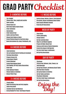 a red and white checklist with the words grad party checklist on it