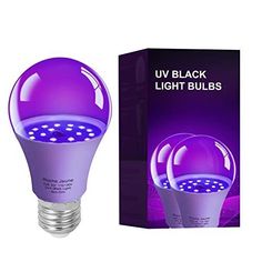 a purple light bulb next to a box