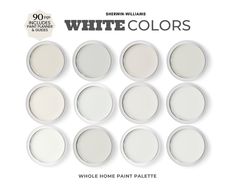 nine white paint palettes with the words white colors in different sizes and shapes on them