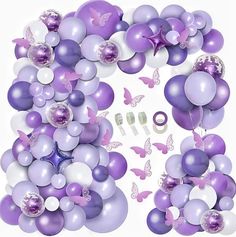 purple and white balloons with butterflies on them