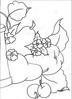 a black and white drawing of flowers in a vase with an apple next to it