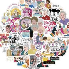 the golden girls stickers are arranged in a circle, with many different characters on them