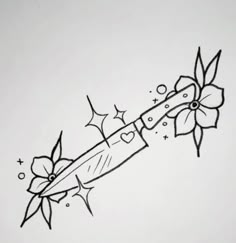 a black and white drawing of a knife with flowers on it's end, surrounded by stars