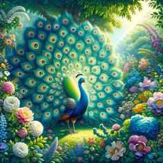 a painting of a peacock in the middle of flowers and trees with its feathers spread out