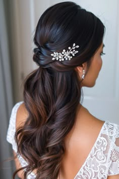 58  Gorgeous Half Up Half Down Styles for Your Wedding Day Half Up Dos Wedding, Glad Up Half Down Wedding Hair, Wedding Hairdos For Long Hair Half Up, Bride Hairstyles With Headpiece, Half Uo Wedding Hair, Sister Of The Bride Hairstyles, Half Down Hairstyles, Diy Bridesmaid Hairstyles, Upstyle Wedding Hair