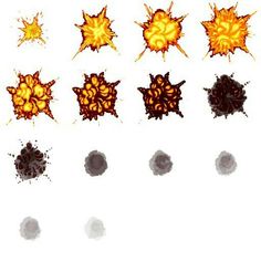 an image of different shapes and sizes of fire on a white background with black spots