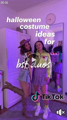 two girls dressed up in costumes standing next to each other with the caption halloween costume ideas for best friends