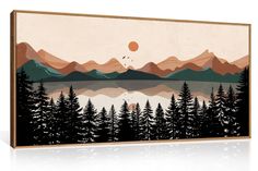 a painting with trees and mountains in the background, on a white wall above water