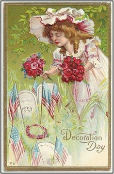 Memorial Day in the U.S. ~ a time of remembrance for those who died in service for their country. It was originally called Decoration Day as the women would decorate the graves of the Civil War soldiers. This vintage postcard pictures a little girl doing just that. Vintage Memorial Day, Memorial Day Decorations, Vintage Valentine, Postcard Printing, Patriotic Holidays, Old Postcards, Vintage Ephemera, Vintage Holiday