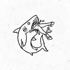 a black and white drawing of a shark holding a key