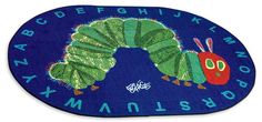 the very hungry caterpillar door mat is blue with green and red letters on it