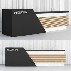 the reception counter is made from black and white material with wooden slats on it