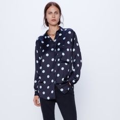 Brand New Zara Polka Dot Satin Shirt. Color-Black And Light Blue. One Front Pocket. Polka Dot Long Sleeve Tops For Workwear, Polka Dot Long Sleeve Shirt For Workwear, Casual Polka Dot Button-up Blouse, Spring Polka Dot Shirt For Work, Casual Button-up Polka Dot Blouse, Zara Polka Dot Long Sleeve Blouse, Zara Long Sleeve Polka Dot Blouse, Zara Black Collared Blouse, Casual Collared Blouse In Polka Dot