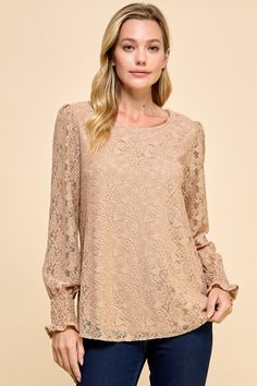 Elevate your style with our Lace Detail Blouse! This versatile top is perfect for revamping your work wardrobe. Whether you pair it with jeans for a casual look or layer it under a blazer for a more polished ensemble, the delicate lace details will add a touch of femininity to any outfit. Color - Latte Long sleeve Round neck 95% nylon, 5% spandex / Lining: 100% polyester Made in the United States Dressy Tops, Work Wardrobe, Lace Detail, Casual Looks, Round Neck, United States, Spandex, Blazer, Wardrobe