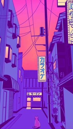 a cat sitting in the middle of an alley way with buildings on both sides and a neon pink sky behind it