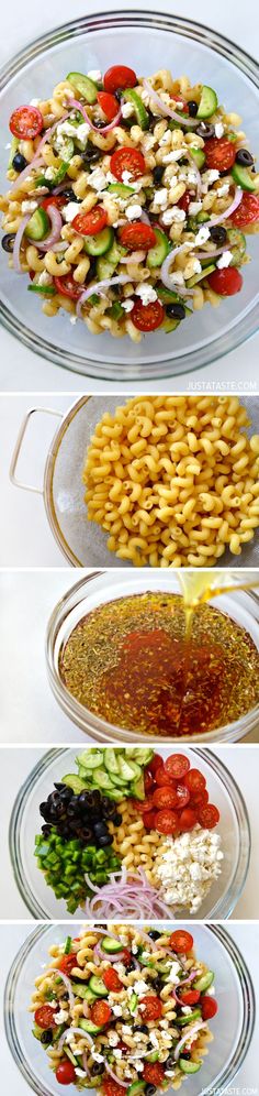 four different types of pasta salads in glass bowls on top of eachother