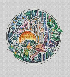 a cross stitch pattern with an image of mushrooms and trees in the middle of it