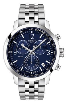 A slim bezel provides easy readability on this sleek chronograph watch featuring Swiss craftsmanship, clean indexes and a tachymeter border. A dual-finish five-link bracelet gives the timepiece instant go-to status. Style Name:Tissot Men's Prc 200 Chronograph Bracelet Watch, 43mm. Style Number: 6596711. Tissot Watches, Watch Movement, Metal Bracelets, Swiss Watches, Breitling Watch, Adjustable Bracelet, Chronograph Watch, Quartz Movement, Stainless Steel Case