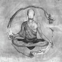 a black and white drawing of a man sitting in the middle of a lotus position