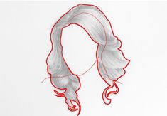 a drawing of a woman's head with long, wavy hair in red and white