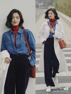 Office Outfits Women Trendy, Chic Japanese Fashion, Casual Winter Outfits Korean Style, Vintage Outfits Jeans, Outfits With Colorful Shoes, Blue Winter Dress Outfit, Flattering Winter Outfits, Japan Work Outfit, Blue Outfit Office