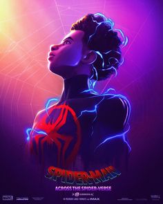 the spider - man movie poster is shown in purple and blue light, with an image of