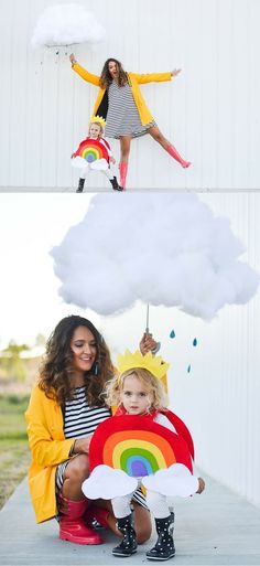 two girls in rain boots and one girl with a rainbow umbrella