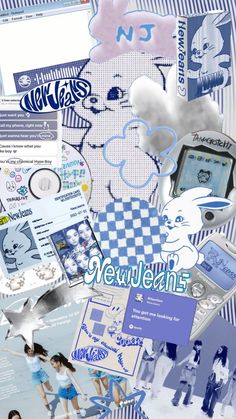 the collage is made up of many different things in blue, white and black