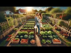 two people standing in the middle of a garden filled with lots of vegetables and fruits