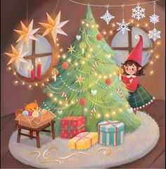 a painting of a girl decorating a christmas tree with lights and presents under it