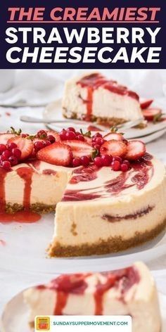 the cremest strawberry cheesecake is cut into slices