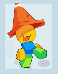 a drawing of a teddy bear wearing a orange hat and holding a green block toy