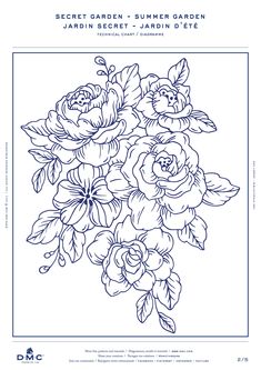 the front cover of an adult coloring book with flowers in blue ink on white paper