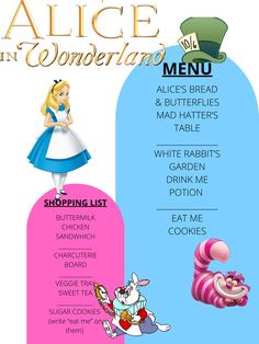 the alice and wonderland menu is shown