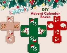 the christmas diy calendar boxes are shown with numbers and symbols on them, along with holly wreaths