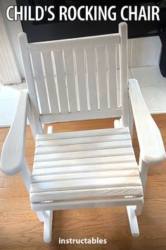 a white rocking chair with the words child's rocking chair on it and an image of a black piano in the background