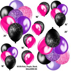 black and pink balloons are arranged in the shape of heart - shaped shapes with glitter on them