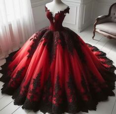 Gothic Red and Black Off the Shoulder Wedding Dresses Lace A Line Bridal Gowns.  "This pin contains affiliate links, which means I may earn a commission at no cost to you extra for you". 
 #affiliate #advertising" Vampire Theme Quinceanera Dress, Red And Black Xv Dresses, Black And Red Princess Dress, Princess Ball Gowns Red, Modern Quinceanera Dresses, Black And Red Quinceanera Dresses, Red And Black Quinceanera Dresses, Quinceanera Dresses Red And Black, Red And Black Ball Gown