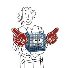 a drawing of a person holding two hands and a shopping cart with the same item in it